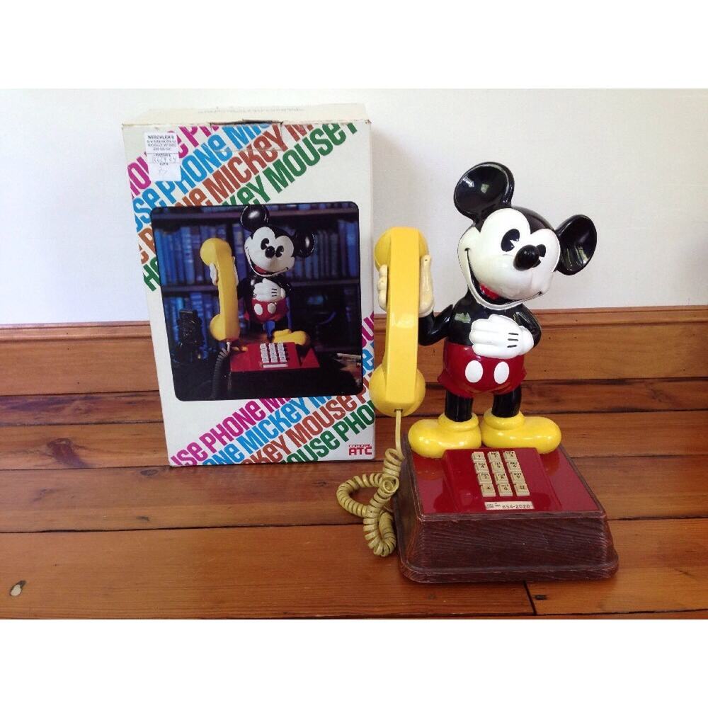 Vintage Walt Disney Mickey Mouse ATC Telephone Push Button 15" w Original Box